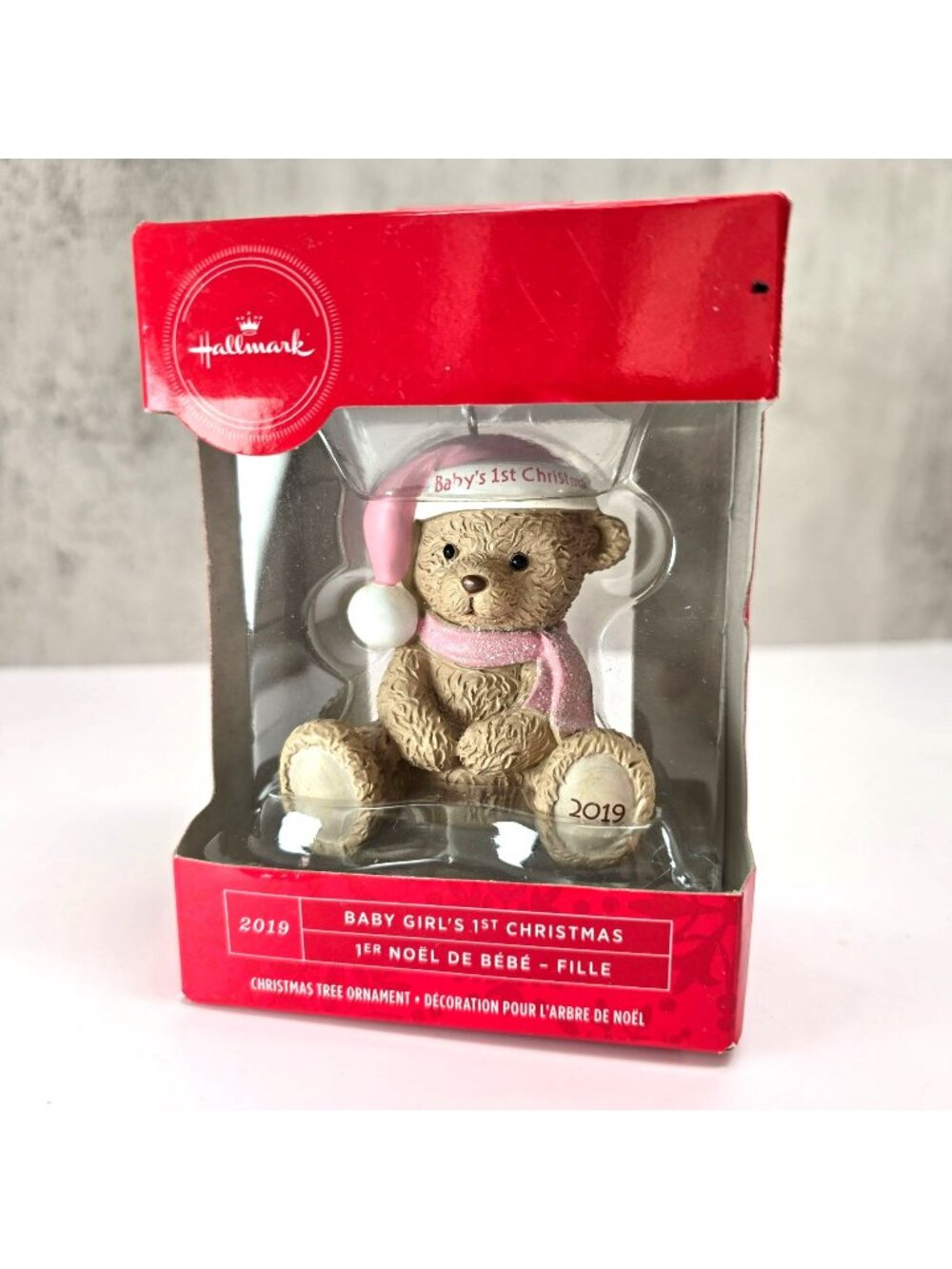 Hallmark 2019 Baby Girls 1st Christmas Ornament Teddy Bear Pink Scarf Hat jj4432